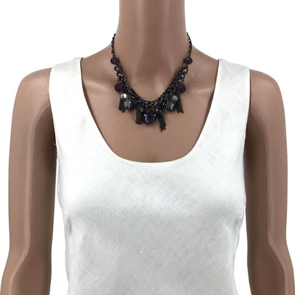 Beaded Fringe Necklace Dark Gray Black Purple Rhinestone Glass Beads Tassels - Picture 2 of 2